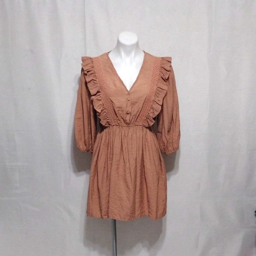 ZARA Marsala Ruffle Trim Balloon Sleeve Mini Dress Small Boho Chic Romantic